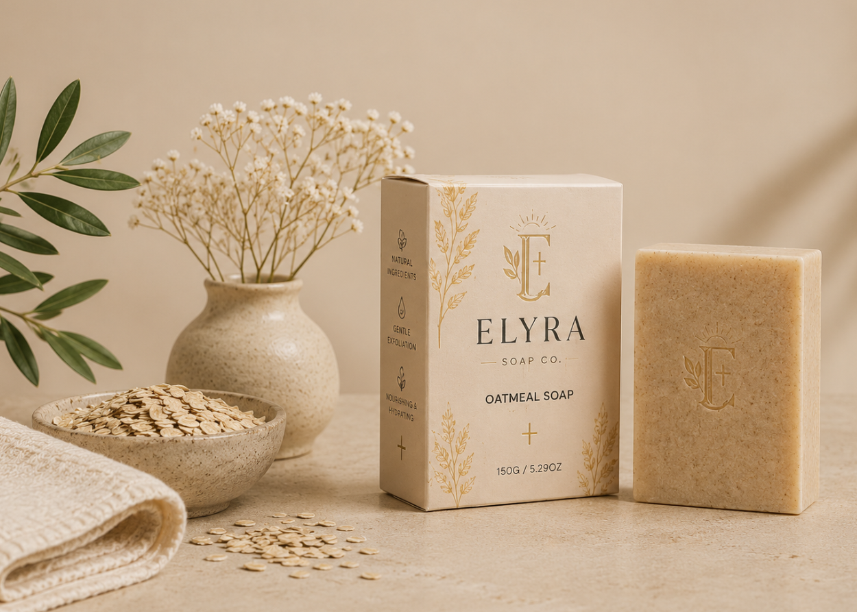 Elyra oatmeal soap with packaging, towel, and oats on a neutral background