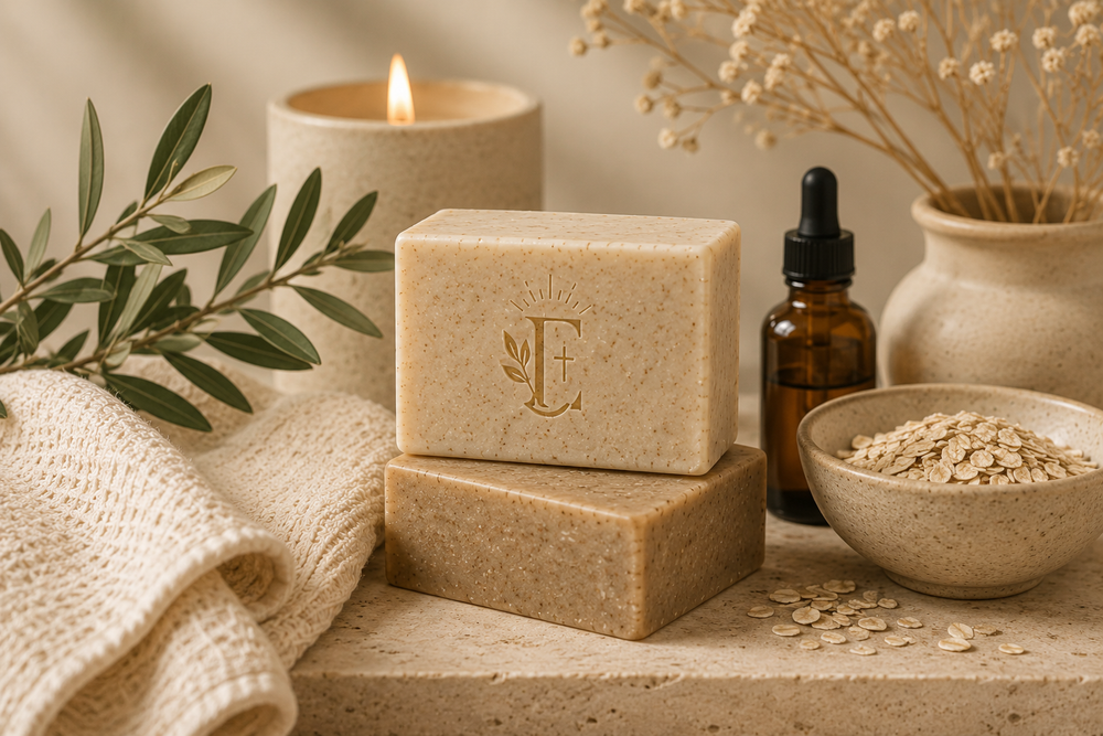 Two bars of soap, a candle, a bottle with a dropper, and a bowl of oats on a stone surface.