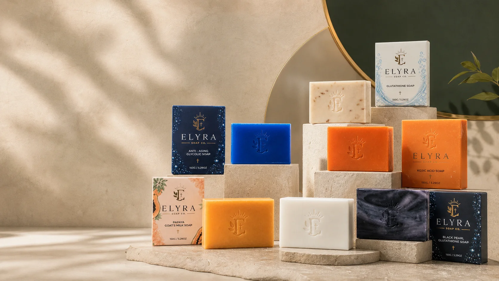 The Elyra collection arranged in a warm editorial campaign setting.