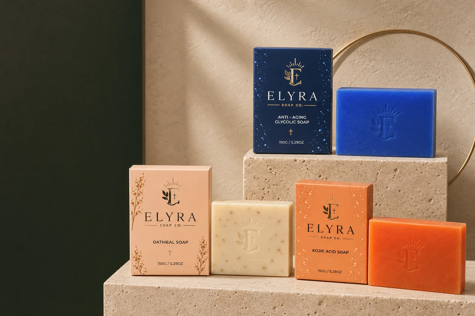 A selection of Elyra soaps in a refined campaign setting