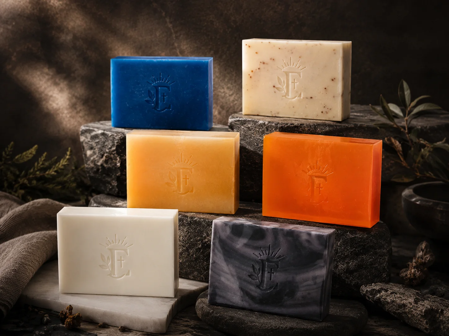 Six Elyra soaps arranged together in a dark daily-ritual setting.