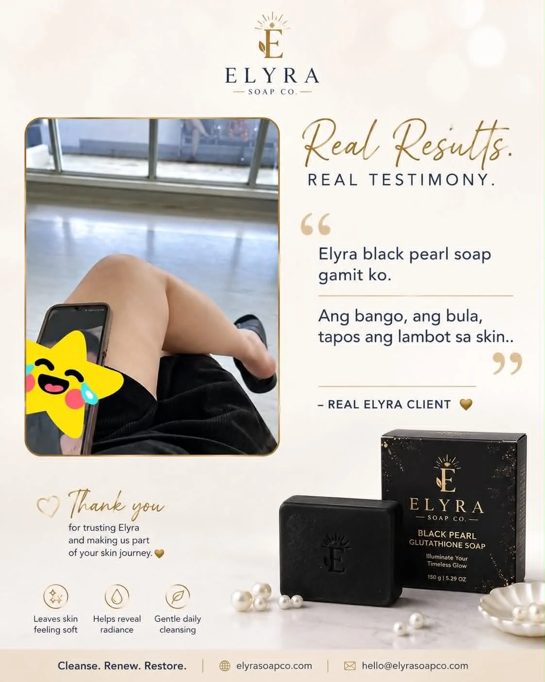 Client testimony graphic for Black Pearl Glutathione Soap. The customer shares that they enjoy its scent, lather, and the soft feel after cleansing.