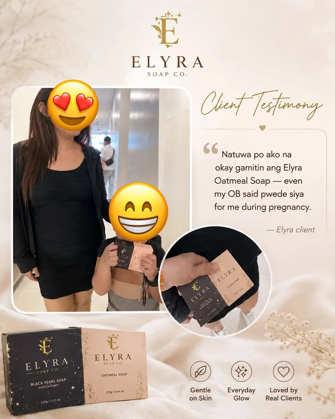 Client testimony graphic for Oatmeal Soap. The customer shares that she enjoys the soap and says she discussed its use during pregnancy with her own doctor.