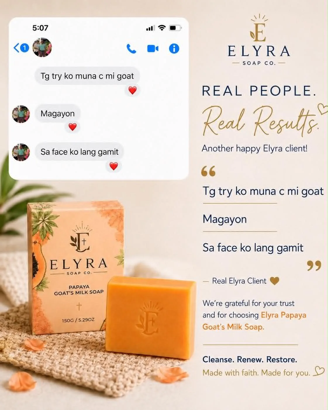 Client message graphic about trying Papaya Goat’s Milk Soap and using it as part of a facial cleansing routine.